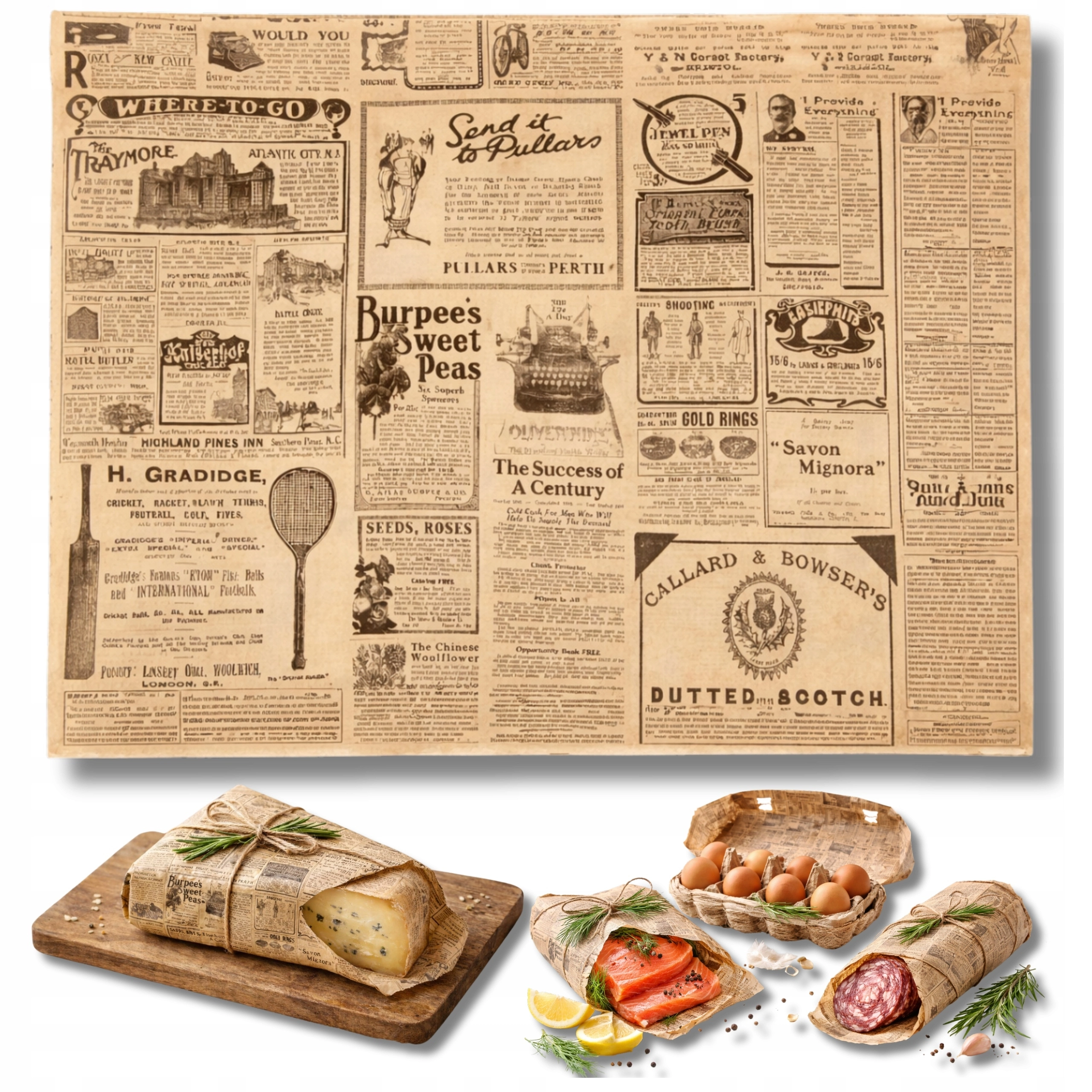 Papier spożywczy kraft 38×31 cm, styl gazeta, 100 arkuszy