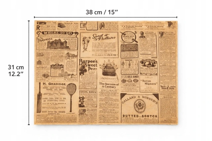 Papier spożywczy kraft 38×31 cm, styl gazeta, 100 arkuszy — zdjęcie 2