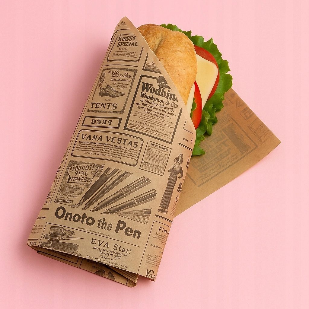 Papier spożywczy kraft 38×31 cm, styl gazeta, 100 arkuszy — zdjęcie 4